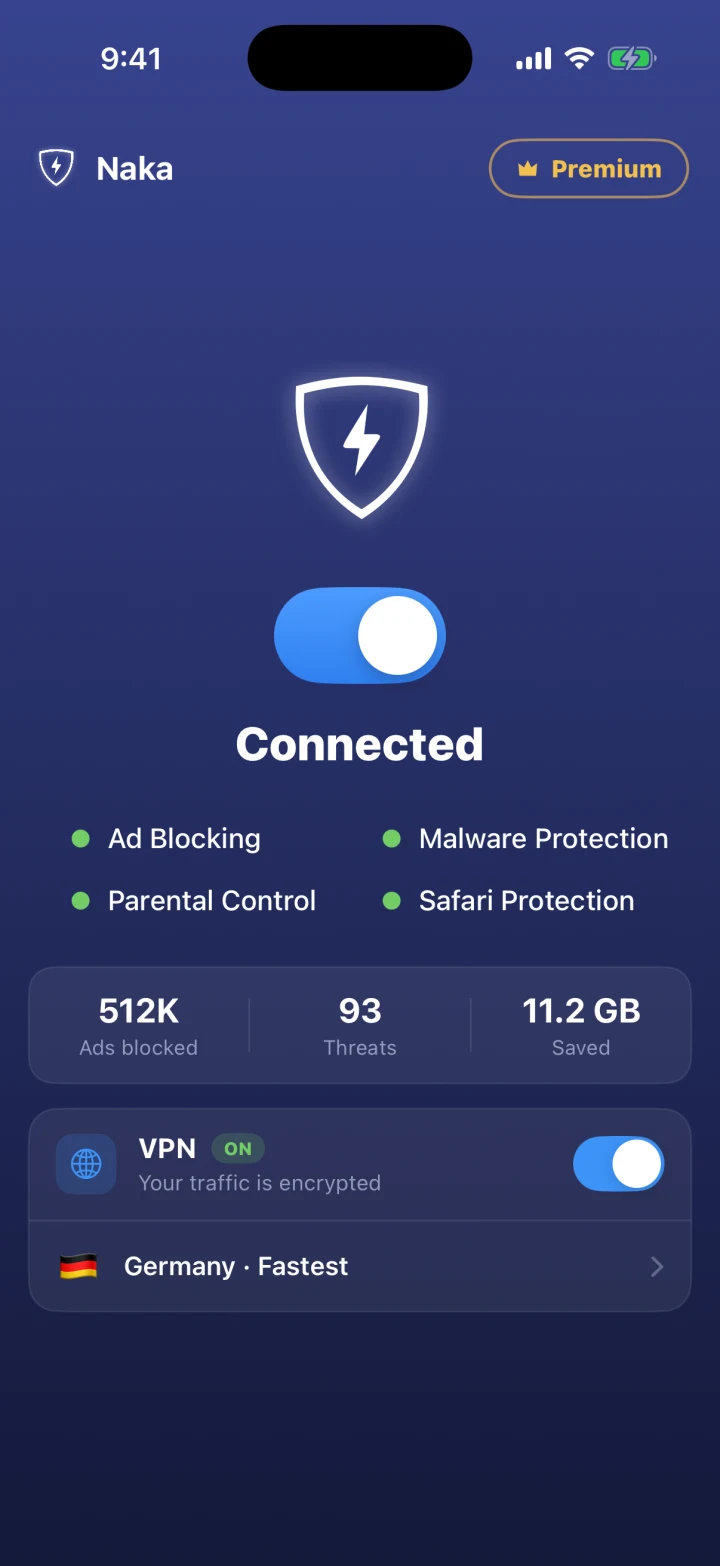 The Naka app connected — ad blocking, malware protection, parental controls and VPN all active